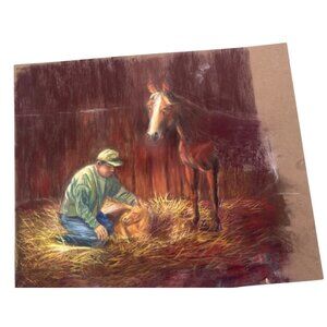 Original Pastel Farm Scene Art Depicting Farmer With Horse & Hay barn brown